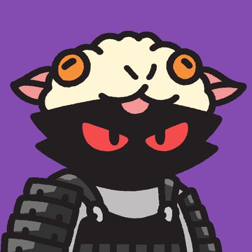 A cartoon illustration of a black character with red eyes wearing a sheep/lamb mask on their head, wearing a tactical vest, against a purple background.