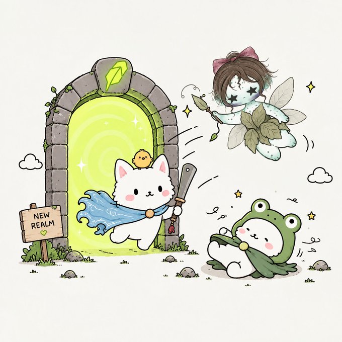 A cute digital illustration shows a white cat wearing a blue cape stepping through a glowing green 'NEW REALM' portal, while a green-caped creature watches and a fairy flies by.