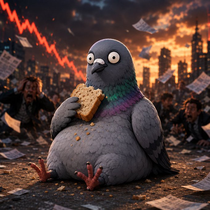 A humorous AI-generated illustration of a fat gray pigeon calmly eating bread while sitting in front of a chaotic post-apocalyptic scene with panicked people, scattered papers, and a red downward stock market crash chart.