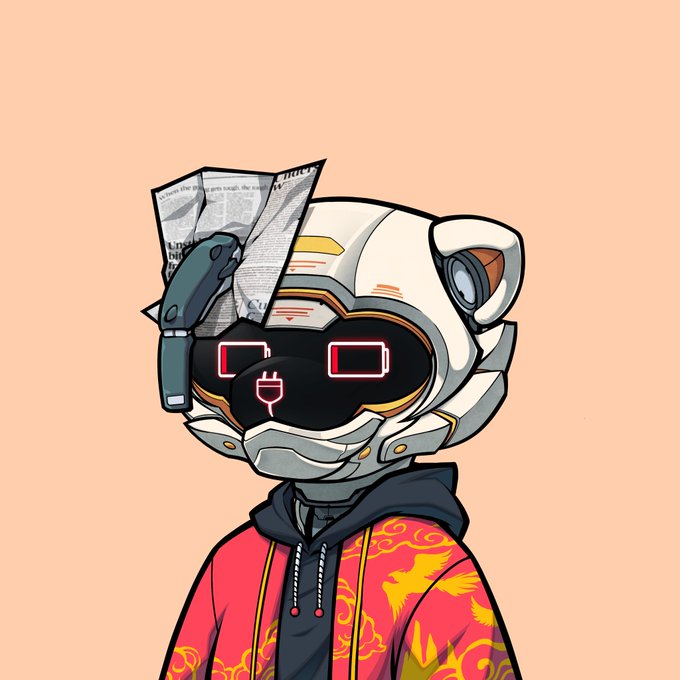A digital illustration of a stylized robotic or cyborg character wearing a white and orange futuristic helmet with a digital display face showing battery and plug icons, dressed in a red hoodie with gold decorative patterns, holding a newspaper in a robotic hand.
