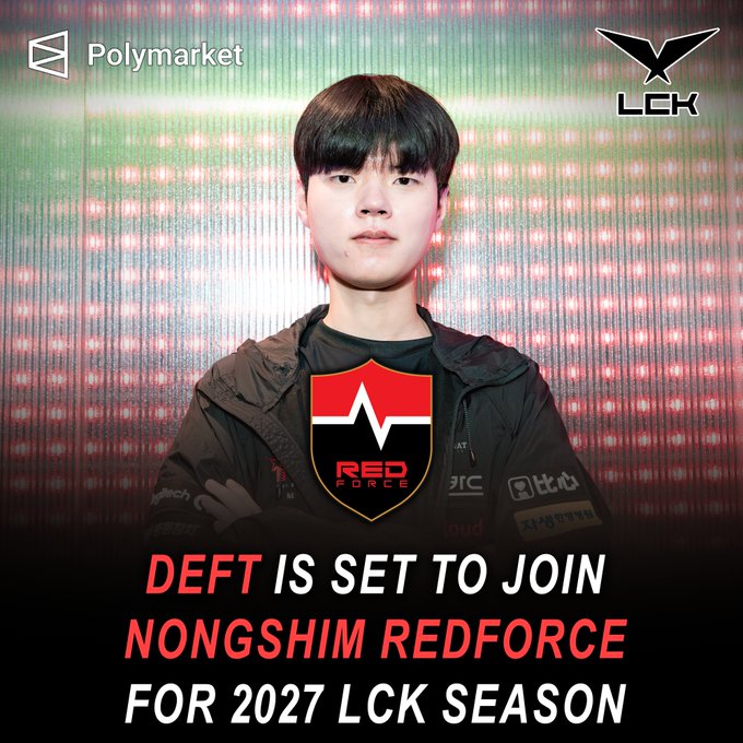 A promotional graphic announcing 'DEFT IS SET TO JOIN NONGSHIM REDFORCE FOR 2027 LCK SEASON' featuring the player and logos for Polymarket and LCK.