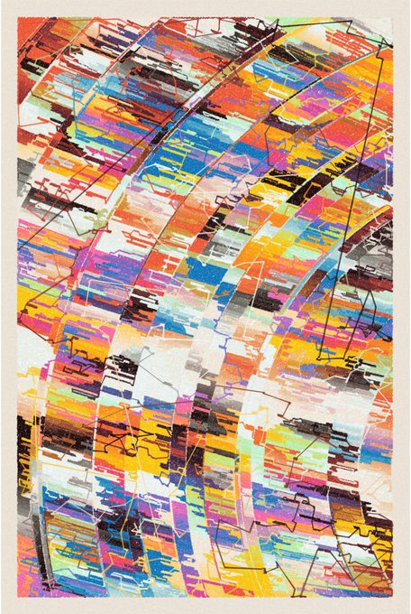 A vibrant, colorful abstract artwork featuring intersecting curved lines and fragmented geometric shapes in shades of orange, yellow, blue, pink, and white.