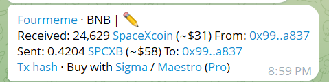 A Telegram message at 8:59 PM showing a Four.meme BNB transaction notification confirming the purchase of approximately $58 worth of SPCXB (SpaceXcoin) tokens, received 24,629 SpaceXcoin (~$31) from address 0x99..a837.