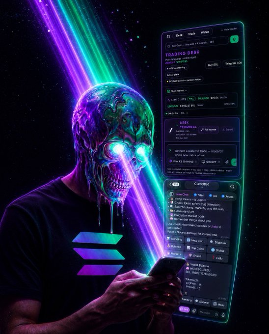 A skeletal figure with glowing eyes wears a t-shirt featuring the Solana logo while interacting with a futuristic holographic trading interface on Solana, displaying "TRADING DESK" panels, "DEX TERMINAL," and the ClawdBot menu highlighting tokens like $CLAWD and $SOLGPT, visually capturing the post's excitement about discovering these crypto tools on the Solana network.