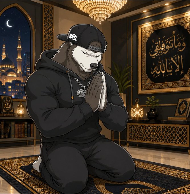An illustrated anthropomorphic wolf wearing a black hoodie and cap, hands clasped in prayer on a prayer rug in an ornate room with Islamic calligraphy art, a chandelier, and a view of a mosque through a window.