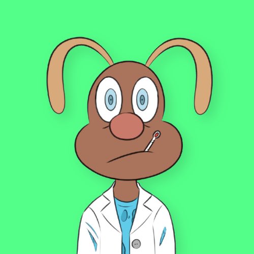 A cartoon illustration depicts a brown dog character wearing a white doctor's lab coat, with a thermometer in its mouth, set against a bright green background.