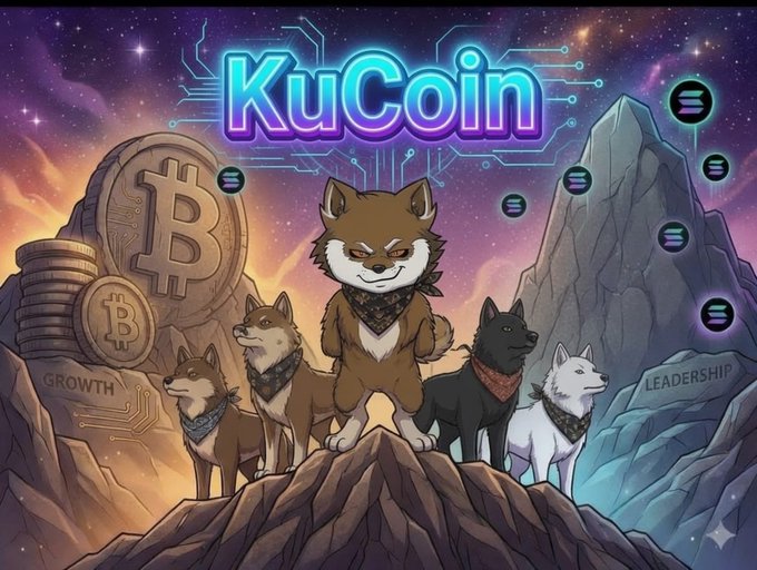 A stylized KuCoin promotional graphic featuring cartoon Shiba Inu-style dogs standing on mountain peaks beside large Bitcoin coins, with 'GROWTH' and 'LEADERSHIP' engraved in the rocks and floating Solana and other crypto icons.