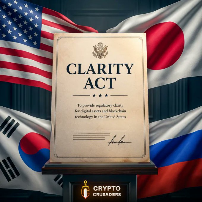 The image displays the "CLARITY ACT" document with text stating it aims "To provide regulatory clarity for digital assets and blockchain technology in the United States," flanked by the flags of the U.S., Japan, South Korea, and Russia, with a "Crypto Crusaders" logo at the bottom. This visual reinforces the post's message that while South Korea, Japan, and Russia have moved forward with crypto regulations, the U.S. is still waiting to pass the Clarity Act to provide regulatory certainty for digital assets.
