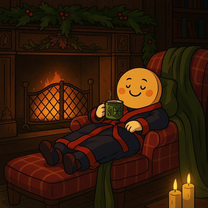 A cozy, anthropomorphic crepe character in a robe lounges in a plaid armchair by a crackling fireplace, sipping a warm drink while enjoying a festive holiday setting with garland and candles. The image embodies the $CREPE token mascot enjoying a restful winter evening, evoking warmth and community spirit.