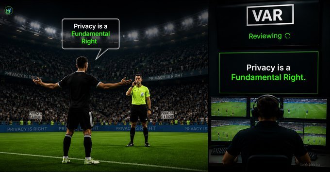 A meme-style image showing a soccer referee gesturing with speech bubbles reading 'Privacy is a Fundamental Right' on a stadium pitch, alongside a 'VAR Reviewing' panel with the same message.