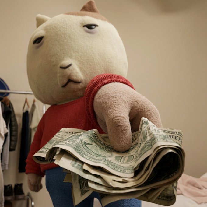 A stuffed toy figure of the 'Swole Doge' meme wears a red sweater and holds a thick stack of U.S. dollar bills.