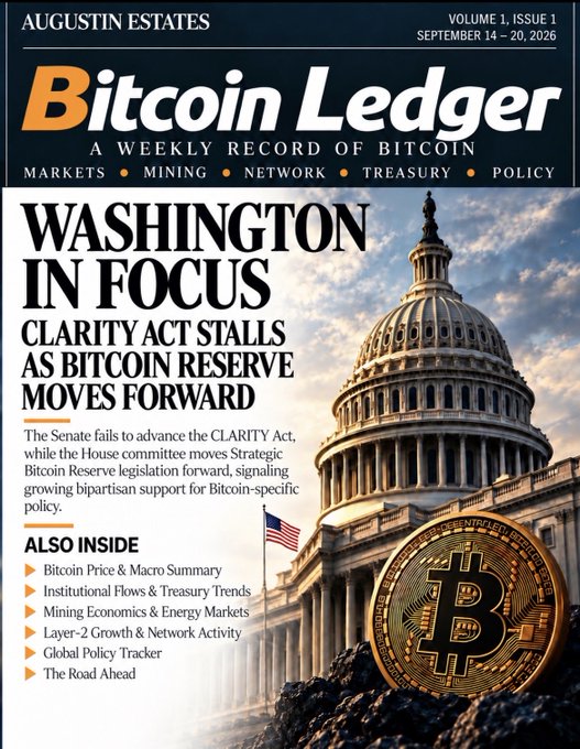 A magazine cover titled 'Bitcoin Ledger' Vol. 1, Issue 1 (September 14-20, 2026) from Augustin Estates, with the headline 'Washington in Focus' about the Clarity Act stalling while Bitcoin Reserve legislation moves forward.