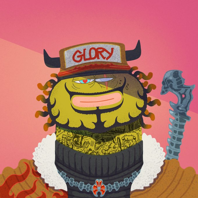 A cartoon illustration of a yellow-skinned character with a thick black beard, bull horns on a hat labeled 'GLORY', a scar over one red eye, tattoos on their neck, and a fur-lined coat, standing against a pink background with flame motifs.