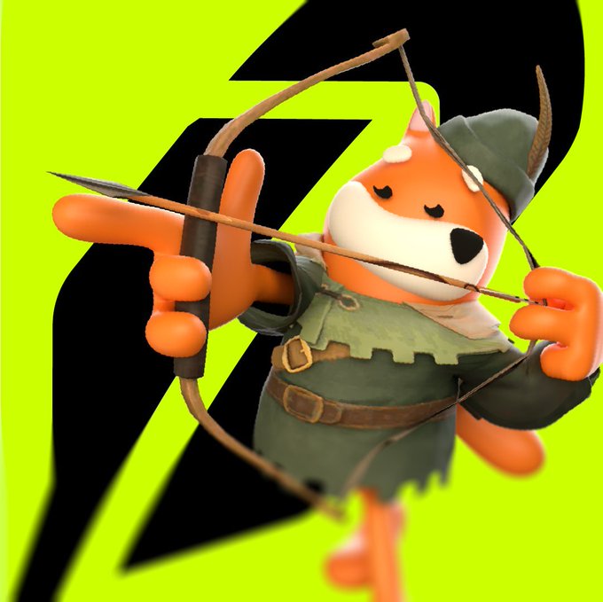 A 3D-rendered fox character dressed as Robin Hood draws a bow and arrow against a bright green background featuring a black lightning bolt logo, visually representing the launch of "Circus Trade" on Robinhood Chain as promoted in the post about the new BONK launch platform.