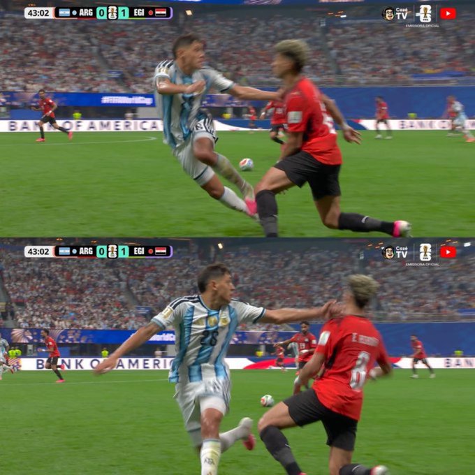 Two split-screen frames from a soccer match between Argentina and Egypt showing players in action, with the scoreboard reading ARG 0 - 1 EGI at the 43:02 mark, broadcast on Canal TV.