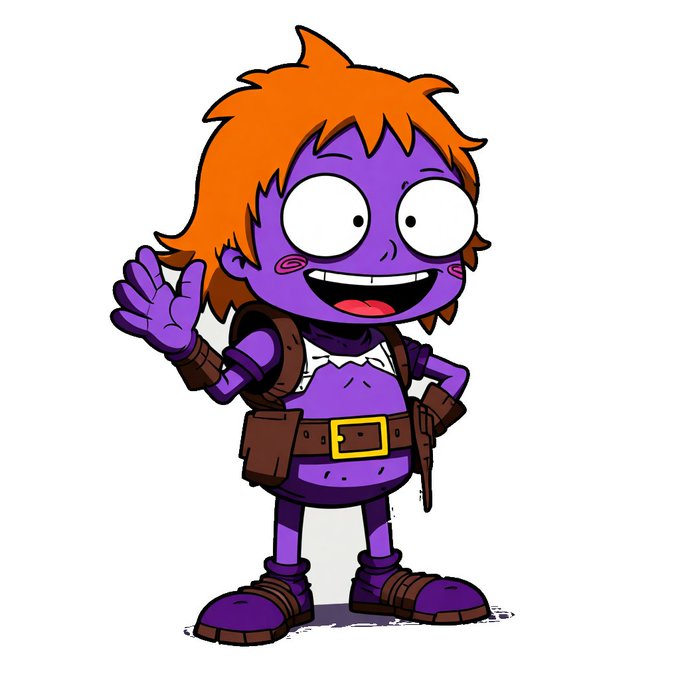 A cartoon character with purple skin, wild orange hair, and a wide toothy grin waves cheerfully while wearing a brown adventurer's belt, harness, and boots, fitting the post's description of a "purple little rogue" escaping the dungeon. The character has no visible text or branding on it, serving as the mascot for the LIZLO memecoin launching on pump.fun/Solana.
