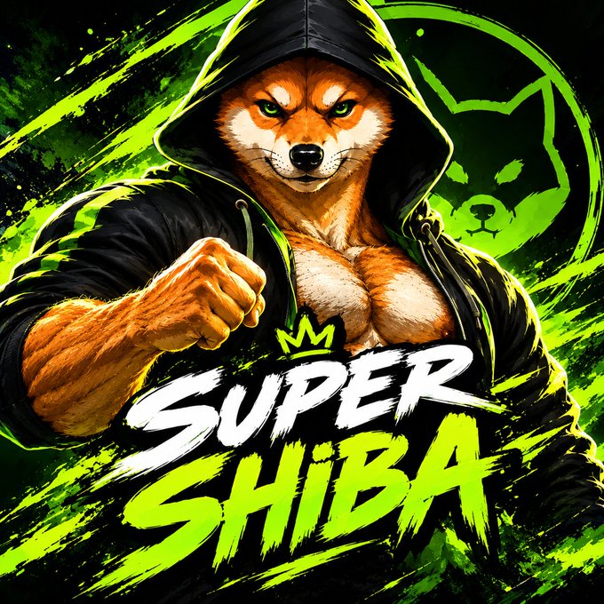 A muscular Shiba Inu wearing a black hoodie stands in a powerful pose with the text "Super Shiba" prominently displayed in bold green and white lettering, accompanied by a green Shiba logo in the background. The image visually reinforces the post's promotion of the $SS meme coin launching on the Robinhood Chain, embodying the "noble" and "leader of the pack" theme described in the caption.
