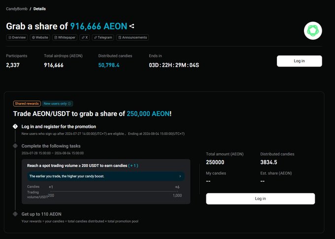 A CandyBomb promotion page for AEON cryptocurrency airdrop showing 916,666 AEON total, 2,337 participants, and a task to trade AEON/USDT to earn candies.