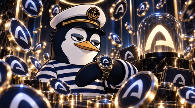 A digital illustration of a penguin wearing a sailor outfit surrounded by gold coins featuring the 'A' logo, suggesting an Aave-themed promotional image.