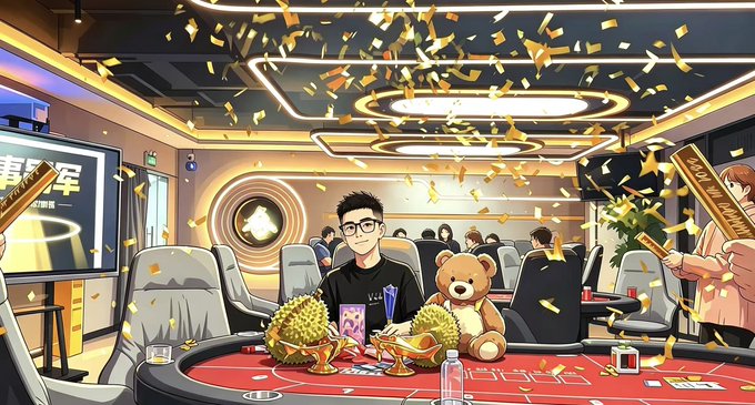 An illustrated scene shows a casino interior with golden confetti falling on a man wearing glasses sitting at a blackjack table, flanked by golden bowls of chips and a teddy bear.