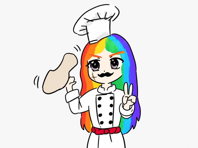 urn of water with a rainbow-colored fish swimming inside, accompanied by a chef's hat and a peace sign.