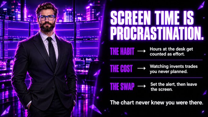 A trading-themed graphic states "SCREEN TIME IS PROCRASTINATION," advising that hours at the desk are counted as effort, watching invents unplanned trades, and suggesting to "Set the alert, then leave the screen," alongside an image of a man in glasses and a suit.