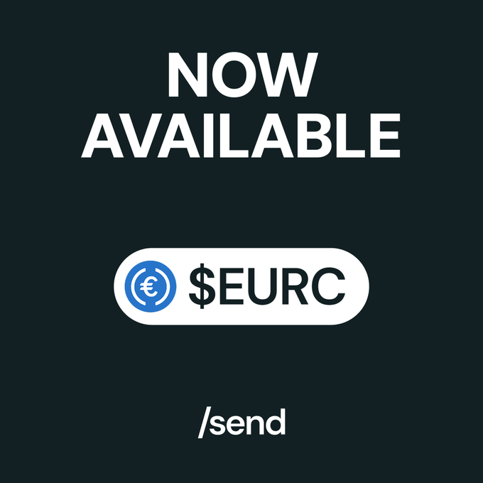 A graphic announcing '$EURC NOW AVAILABLE' with a white button-like badge containing a blue euro symbol and the text '/send' below.