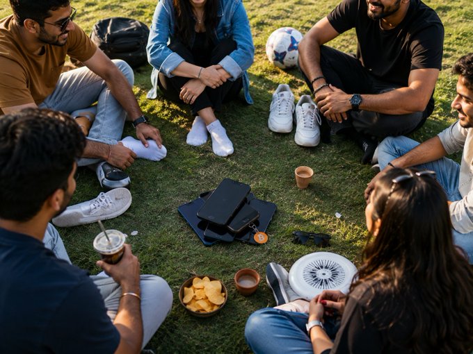 A diverse group of friends sits in a circle on a grassy field, sharing snacks like chips and drinks while chatting together. The casual outdoor gathering perfectly captures the "proof of grass" vibe, with sneakers, a soccer ball, and a portable fan adding to the relaxed Sunday hangout atmosphere.