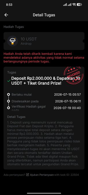 The image shows a screenshot from the Bybit app displaying a task detail page in Indonesian, where a 10 USDT airdrop reward has been revoked with a "REVOKED" stamp due to detected "abnormal activity" during the task period, which involved depositing Rp2,000,000 and trading USDT for a Grand Prize ticket. This directly illustrates the user's frustration about being flagged as suspicious despite completing legitimate KYC, deposits, and trades on Bybit, seemingly just for participating in a promotional event.