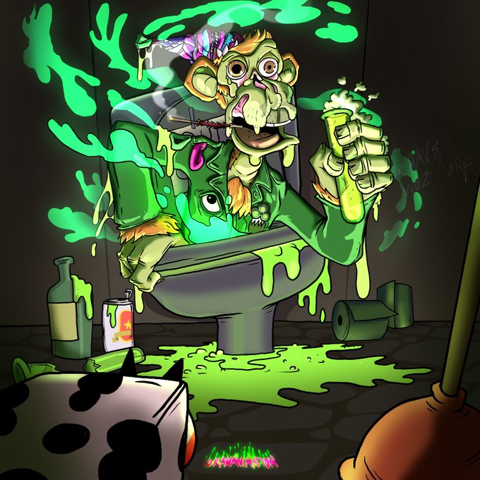 A cartoon illustration of a disheveled, zombie-like character sitting on a toilet in a bathroom, holding a beaker of glowing green liquid, with green sludge splattered all around.