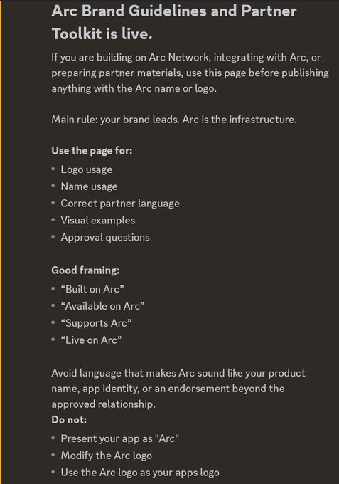 A documentation page titled 'Arc Brand Guidelines and Partner Toolkit is live,' outlining rules for logo/name usage, acceptable framing phrases like 'Built on Arc,' and restrictions such as not modifying the Arc logo.