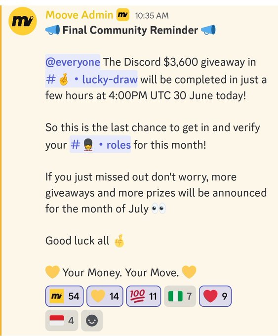Discord announcement from Moove Admin about a $3,600 giveaway lucky-draw happening at 4:00 PM UTC on June 30, reminding users to verify their roles before the draw.