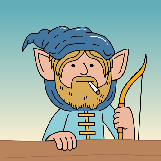 A cartoon illustration of an elf-like character with pointed ears, a blonde beard, and a blue hat, smoking a cigarette while holding a bow.