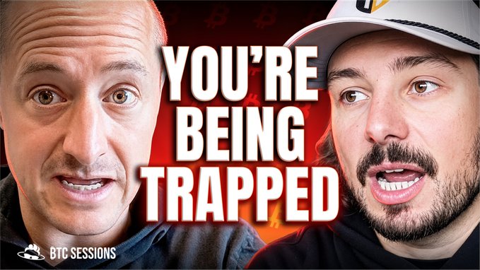 A YouTube thumbnail featuring BTC Sessions, Odell, and Matt Hill alongside bold red text reading "YOU'RE BEING TRAPPED," promoting their discussion on AI deepfake phishing attacks and the importance of self-hosting and Bitcoin.