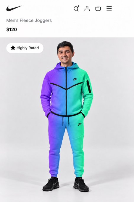 A Nike online shopping page displays 'Men's Fleece Joggers' priced at $120, showing a male model wearing a vibrant gradient purple-to-green tracksuit.