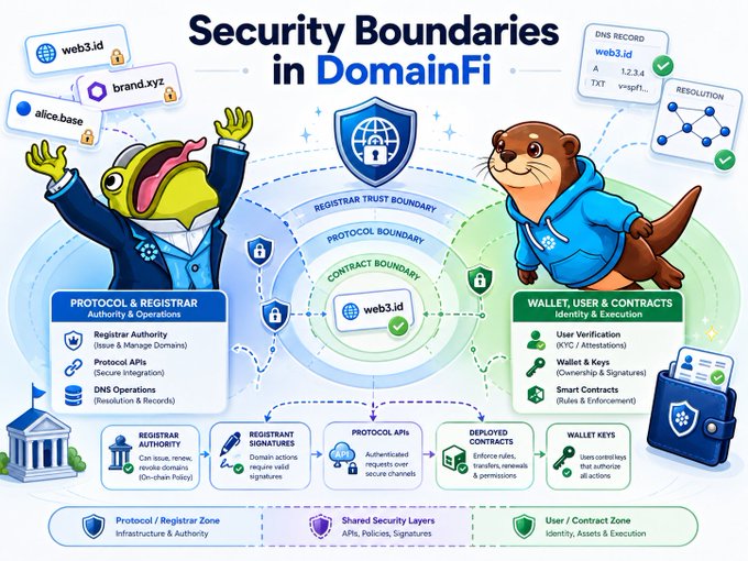 An infographic titled 'Security Boundaries in DomainFi' illustrating protocol and wallet security layers using a frog in a suit and an otter character representing the different zones.
