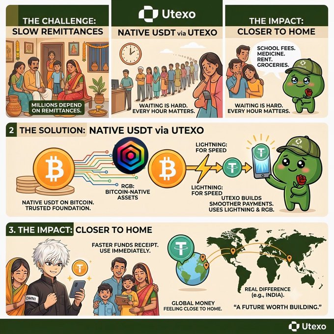 An infographic by Utexo explaining their solution for slow remittances using native USDT on Bitcoin via the Lightning network, highlighting the impact for recipients in India.