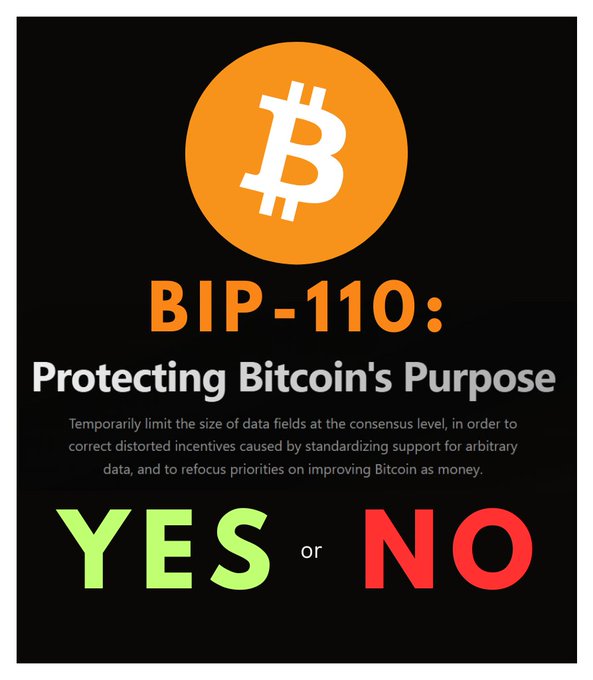 The image features a Bitcoin logo and the title "BIP-110: Protecting Bitcoin's Purpose," explaining that the proposal would temporarily limit data field sizes to correct distorted incentives from arbitrary data support and refocus priorities on Bitcoin as money, with a "YES or NO" vote prompt at the bottom. It visually summarizes the post's discussion of BIP 110, presenting the contentious proposal as a binary decision for the Bitcoin community to weigh in on.