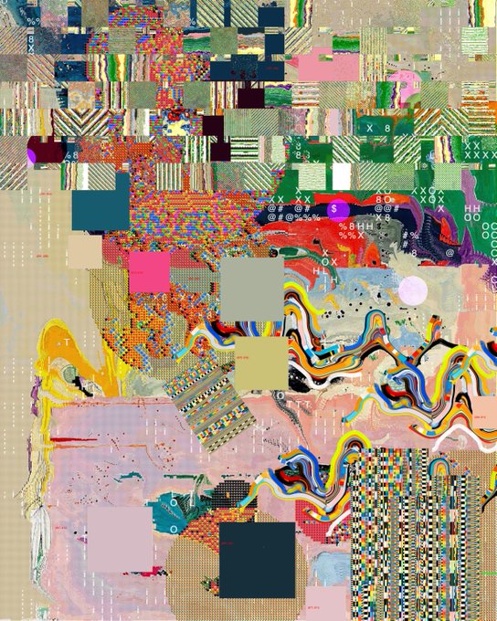 An abstract digital collage artwork featuring colorful glitch effects, geometric patterns, and text fragments resembling error messages.