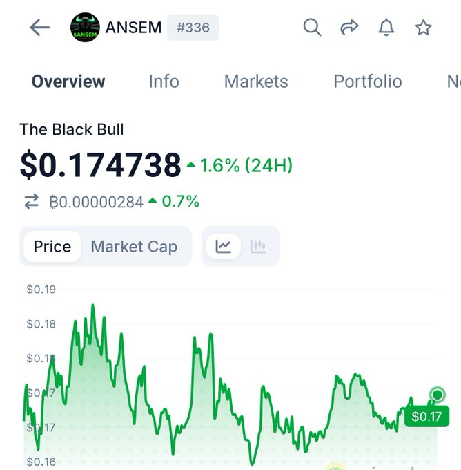 A cryptocurrency tracker app showing ANSEM (#336) token 'The Black Bull' priced at $0.174738 with a 1.6% increase (24H).
