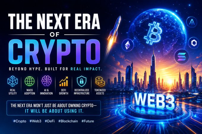 A crypto promotional graphic titled 'THE NEXT ERA OF CRYPTO' highlighting Web3 with features like Real Utility, Mass Adoption, AI & Innovation, DeFi Growth, Decentralized Infrastructure, and Tokenized Assets.