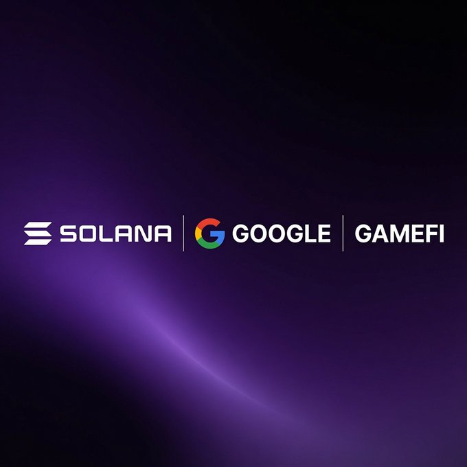 The image displays the logos of Solana, Google, and "GAMEFI" against a dark purple background, suggesting a collaboration between these entities in the gaming and finance (GameFi) space. The accompanying "ShardLegends" reference indicates this visual likely promotes a Shard Legends game project leveraging Solana's blockchain technology and Google's infrastructure.