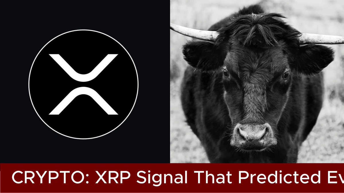 The image features a black and white cow with horns standing next to an XRP symbol, which is a white circle with a black "X" inside. The caption below the image reads "CRYPT: XPR Signal That Predicted Every Major Rally Returns", indicating that the XRP signal has been consistently accurate in predicting major market trends.