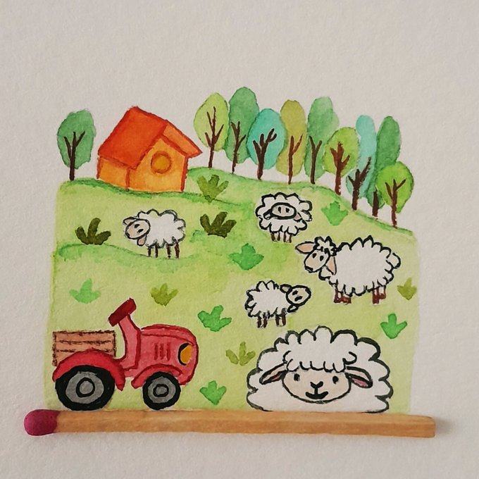 A whimsical watercolor and ink illustration of a pastoral scene with fluffy white sheep, a red tractor, a small house, and trees on a green hillside.