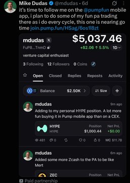 The image shows a tweet from Mike Dudas (@mdudas) announcing he's time to follow him on the @pumpfun mobile app, promoting pump.fun trading, with a portfolio showing $5,037.46 balance, including positions in $HYPE (+$0.00) and $ZEC. The post highlights the suspicious nature of Dudas's promotional activity, noting his large follower count but few posts, raising questions about whether his paid promotion of the Pump Fun scheme, including $TOAD, is legitimate.