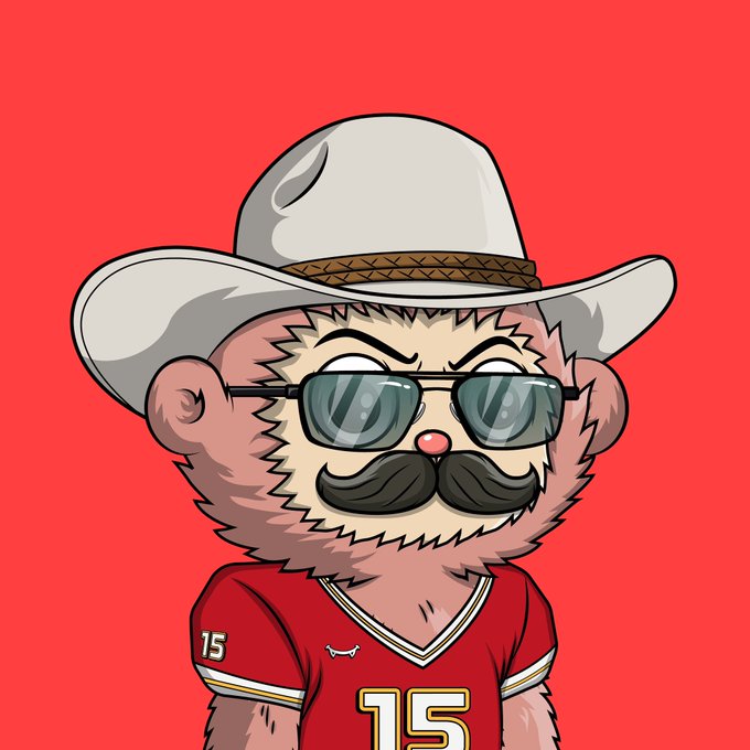 A cartoon character resembling a furry animal wearing a white cowboy hat, sunglasses, a mustache, and a red sports jersey with the number '15' stands against a red background.