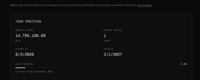 A screenshot of a crypto staking dashboard titled 'YOUR POSITION' showing 14,785,196.69 EPIK tokens staked with 1 reward token, locked from 8/3/2026 to 3/1/2027 at 5.8% lock progress.