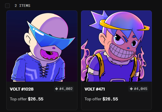 A digital storefront displaying two items featuring purple-haired cartoon characters with wide, creepy smiles: 'VOLT #1028' and 'VOLT #471', each priced at $26.55.
