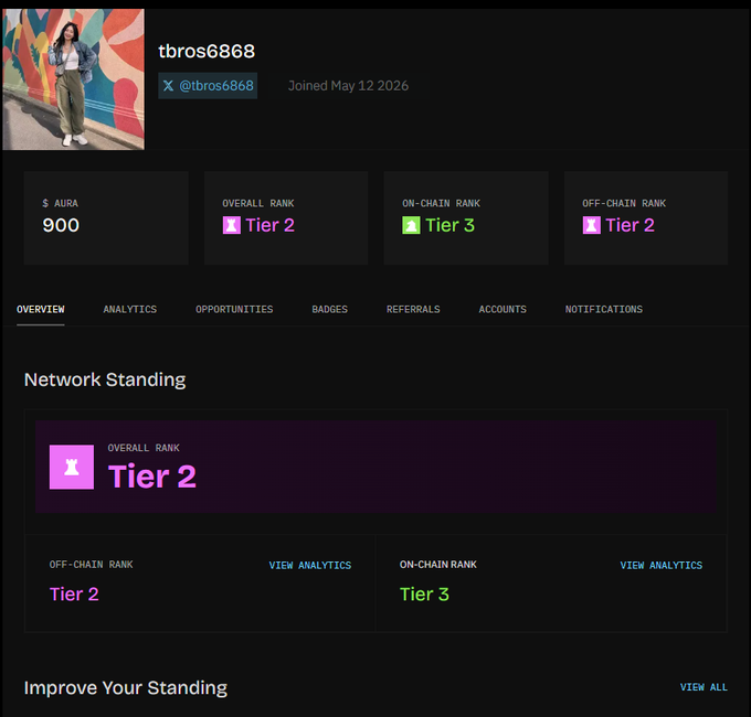 The image shows a Nucleus profile dashboard for user "tbros6868" (@tbros6868, joined May 12 2026) displaying 900 $AURA, an Overall Rank of Tier 2, On-Chain Rank of Tier 3, and Off-Chain Rank of Tier 2—visually illustrating the post's point about how on-chain and off-chain rankings reveal gaps between content activity and actual wallet activity when determining airdrop eligibility.