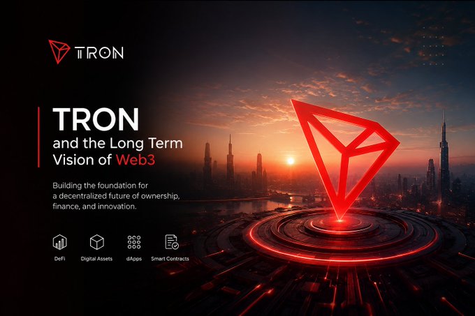 A promotional banner for 'TRON and the Long Term Vision of Web3,' featuring a glowing red TRON diamond logo over a city skyline at sunset, with categories for DeFi, Digital Assets, dApps, and Smart Contracts.
